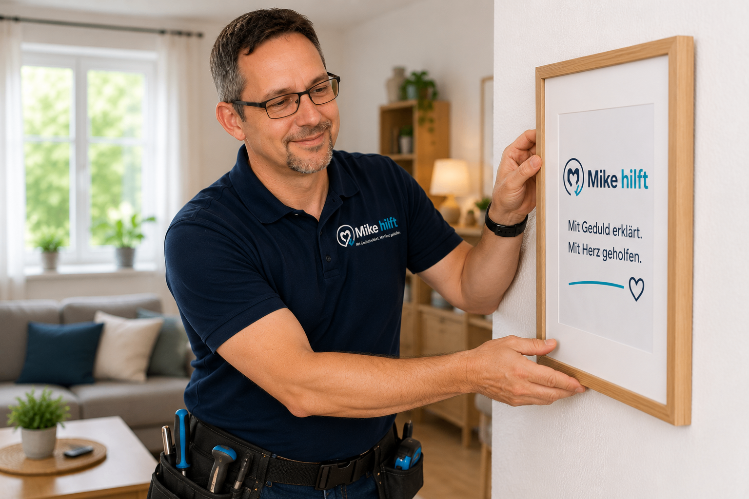 Mike hängt einen Bilderrahmen auf