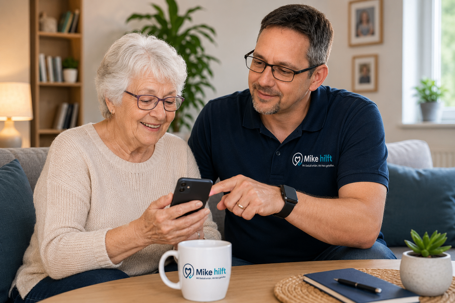 Mike erklärt einer Seniorin das Smartphone