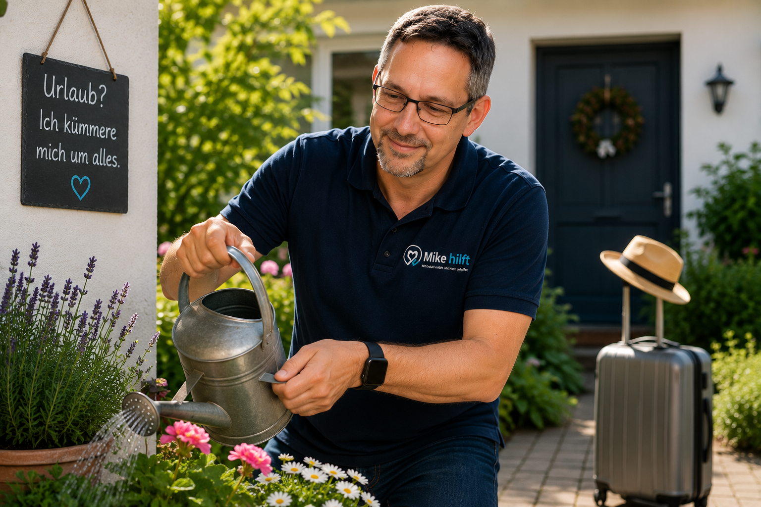 Mike gießt Blumen vor einem Haus