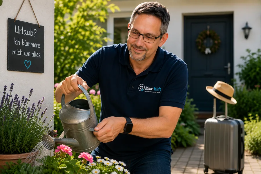 Urlaubsservice in Heusenstamm – Mike gießt Blumen vor einem Haus
