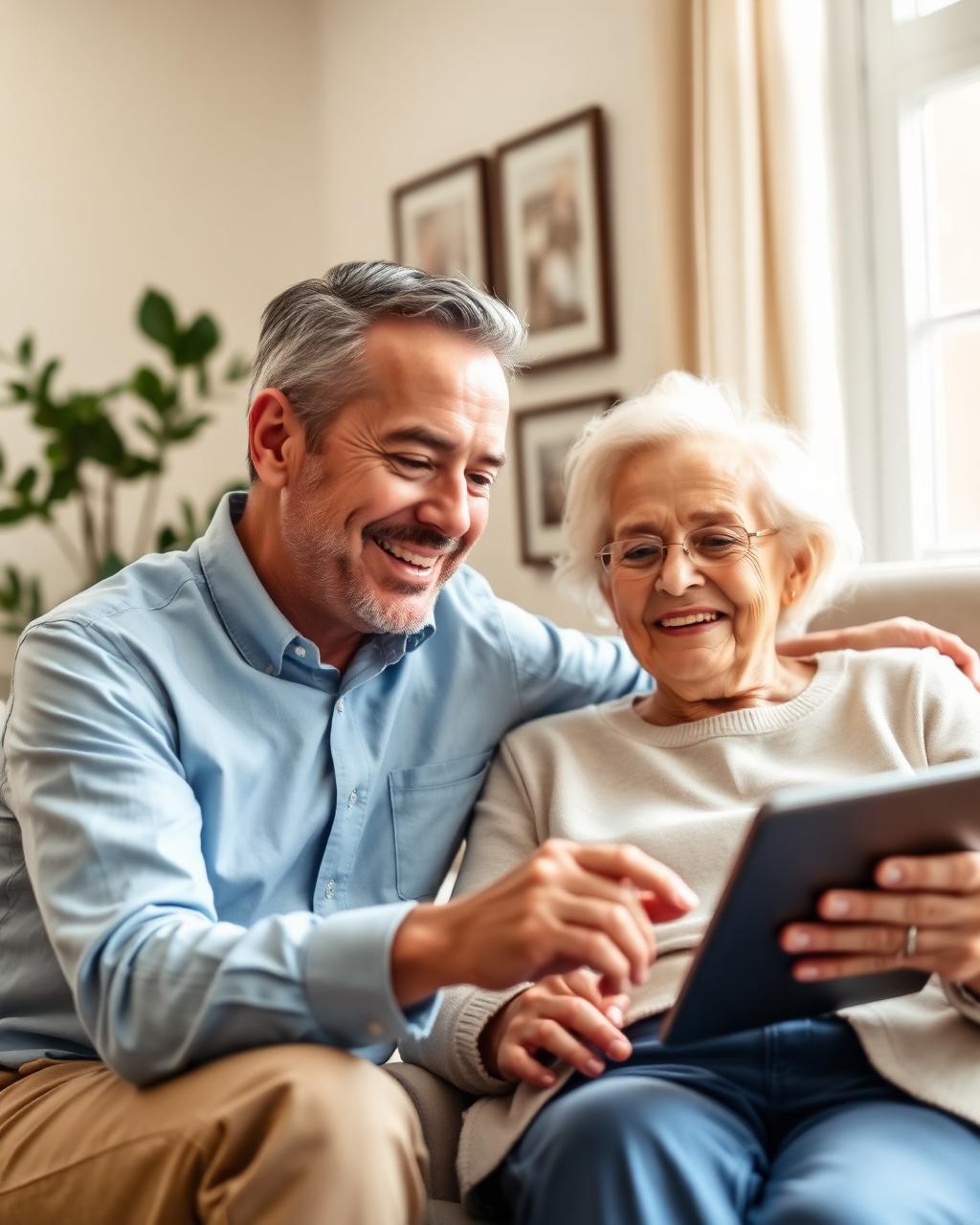 Besuchsdienst im Pflegeheim in Heusenstamm – Mike zeigt einer Seniorin ein Tablet